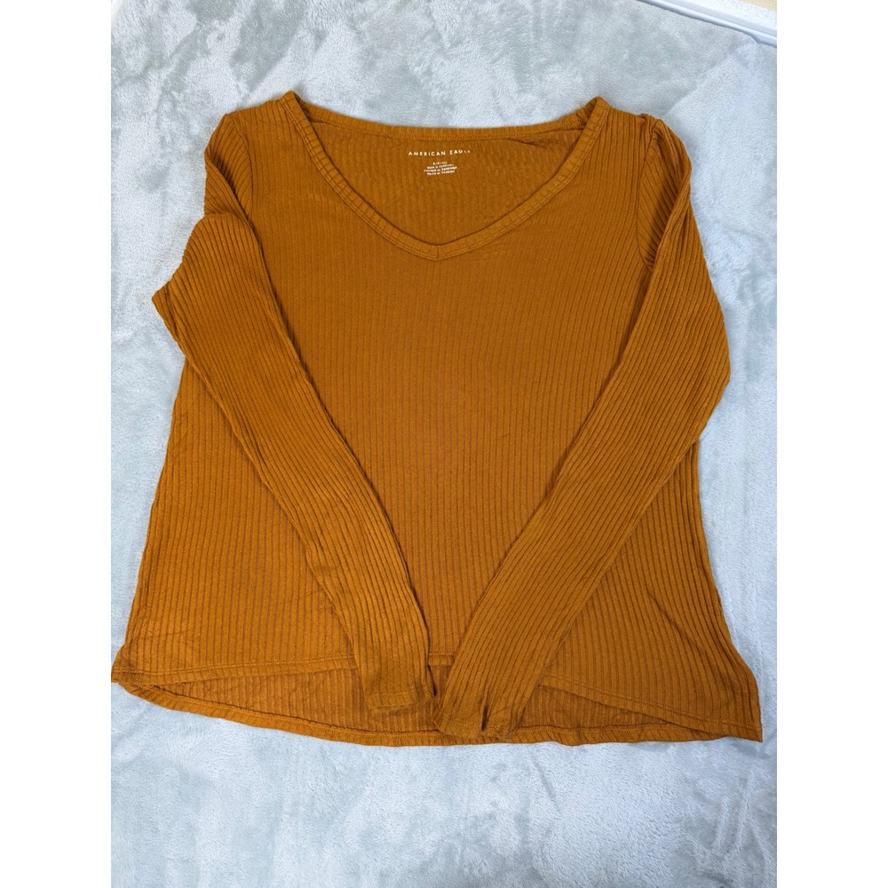 AMERICAN EAGLE Top Womens Small Mustard Ribbed V Neck Long Sleeve Shirt